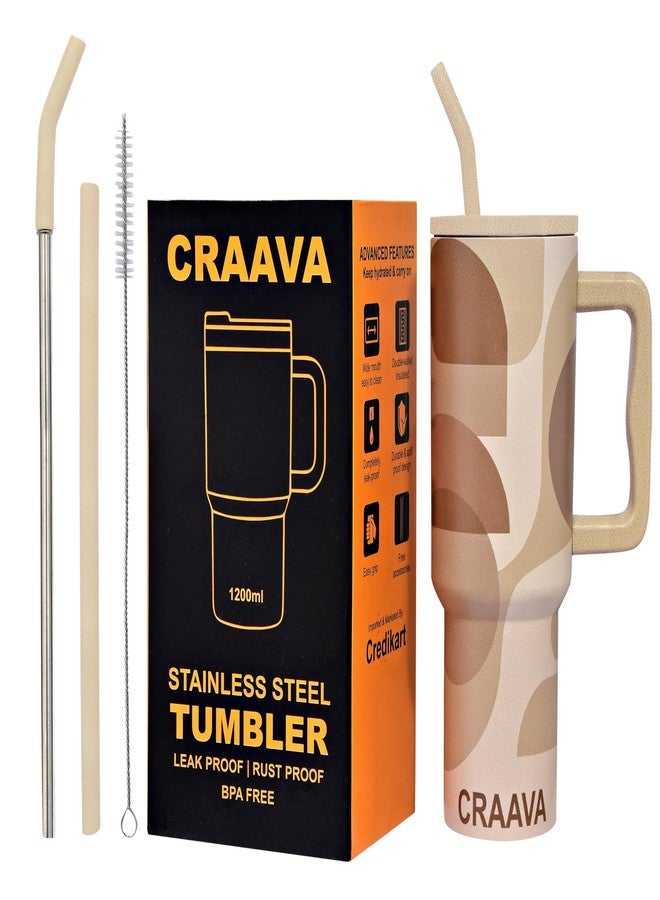 Craava 1200ML Stainless Steel Tumbler with Lid & 3 Straws | Double-Wall Insulated Leakproof Mug with Handle for Hot & Cold Beverages | Perfect for Office, Gym & Travel - Image 1